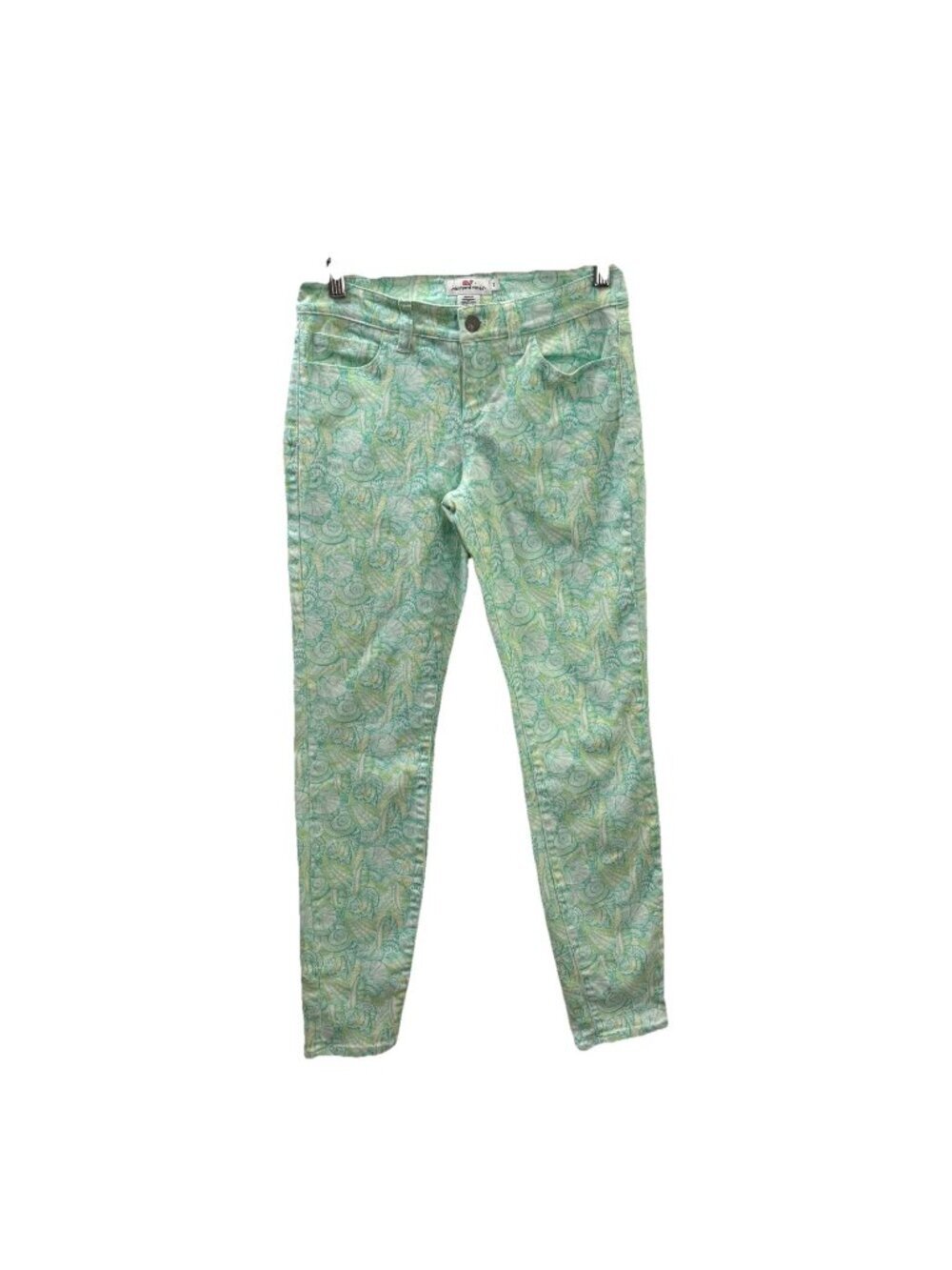Vineyard Vines Skinny Jeans Foam Green Yellow Seashell Pattern Size 2